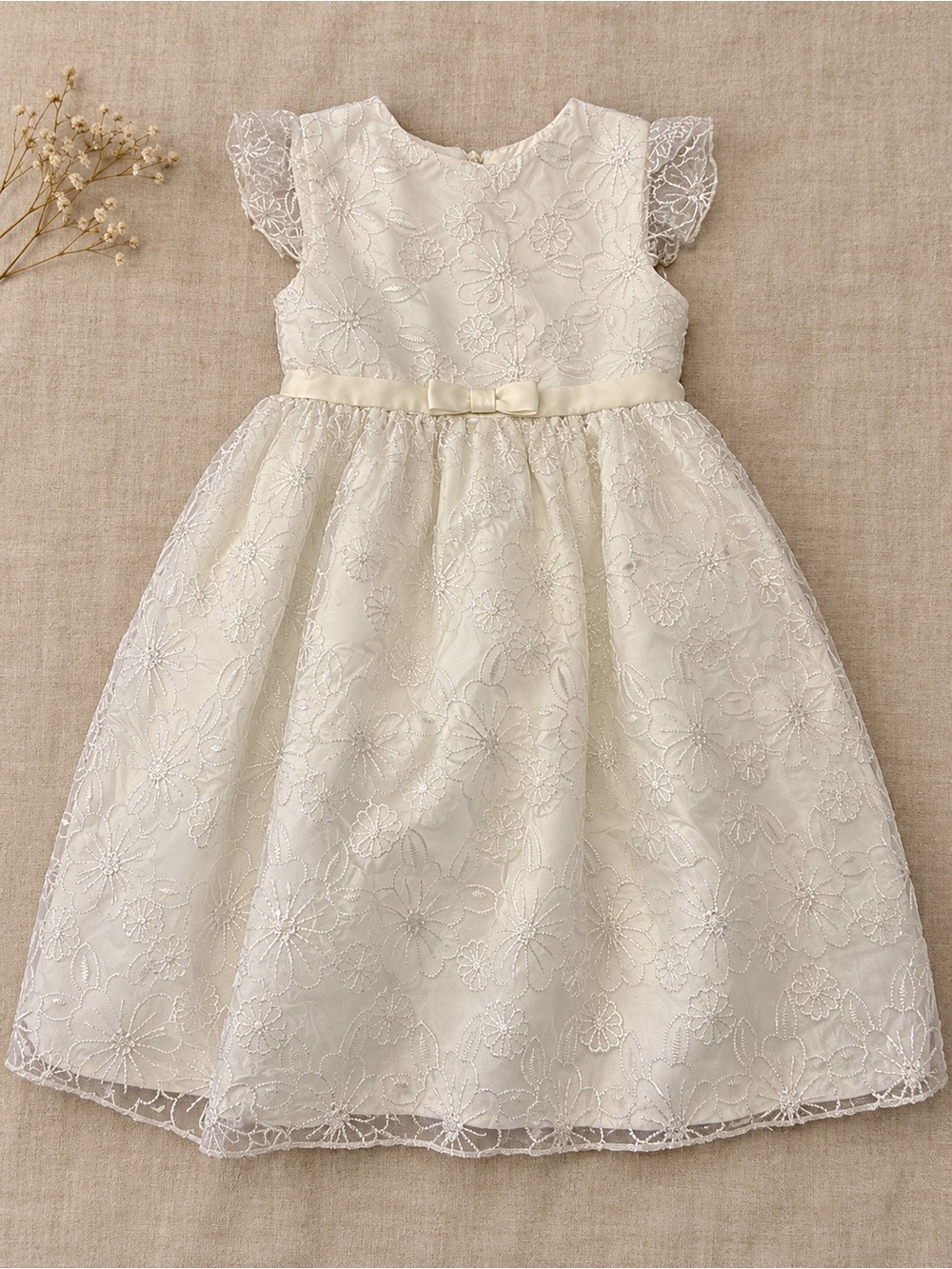 Blueberi Boulevard Ivory Lace Flower Girl Dress with Bow